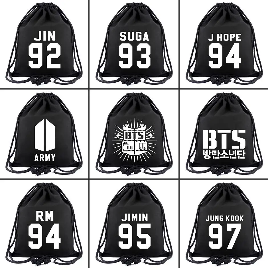 

Kpop BTS Bangtan Boys canvas Drawstring Backpack BT21 RM JIN SUGA Women Fashion Cosmetic Container casual Beach Bag Shoes Pouch