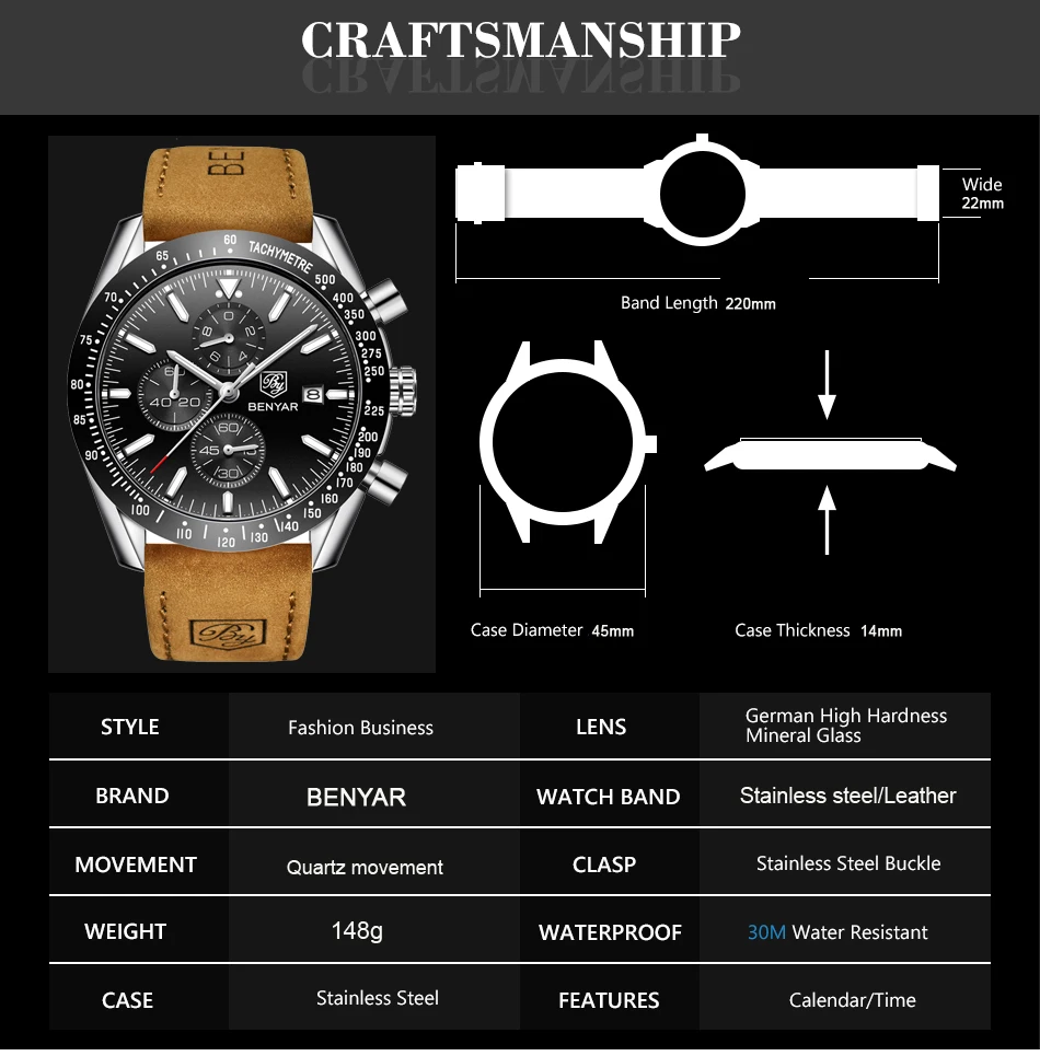Часы мужские роскошные брендовые BENYAR мужские синие часы с кожаным ремешком наручные часы Мужские часы с хронографом мужские часы Relogio Masculino