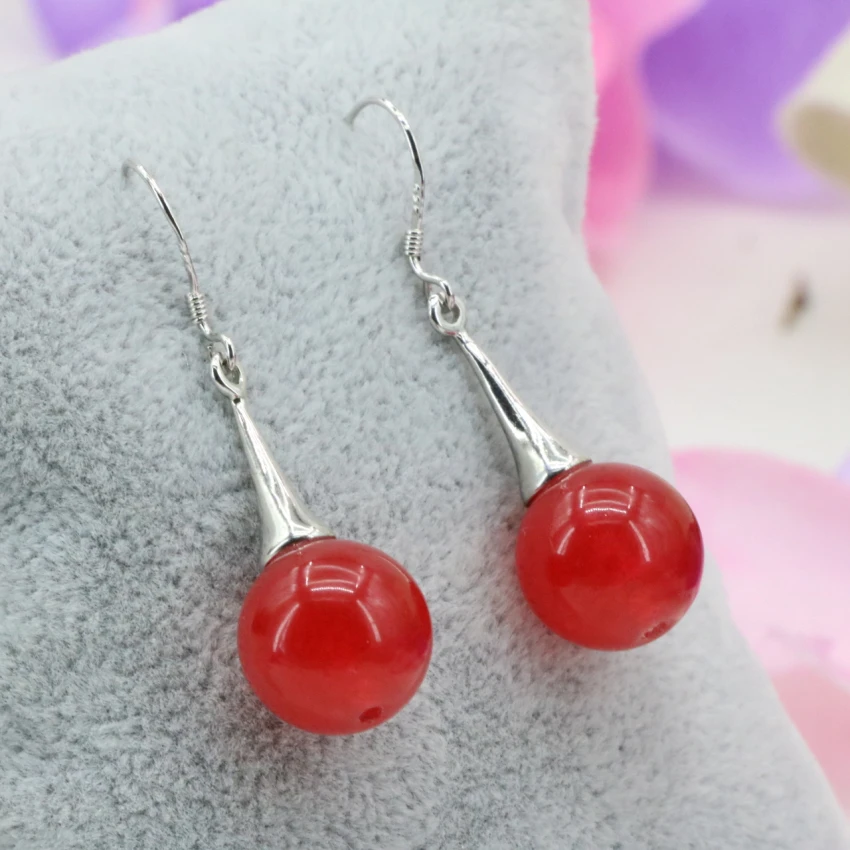 

Charms round beads eardrop earrings for women 12mm natural stone red chalcedony weddings party prom gifts dangle jewelry B3246