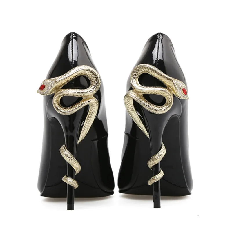Черные модные дизайнерские женские туфли-лодочки на высоком каблуке из лакированной кожи Вечерние туфли на высоком каблуке-шпильке со змеиным узором