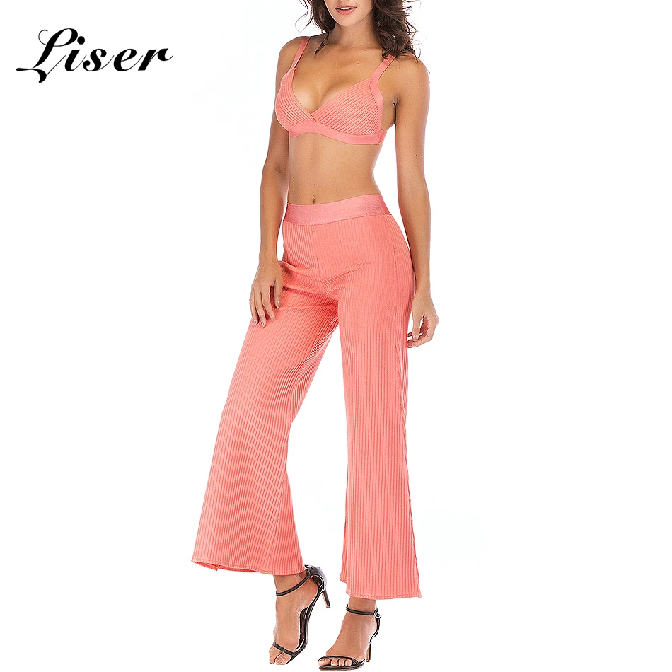 Dos As Bodycon Sexy Celebridad Mujeres Vendaje 2018 Pantalones Nuevo Piezas Partido Cuello Pierna Rosa Liser Pantalón Photo V Ancha Verano Elegante Vestidos De Yv1qWwP