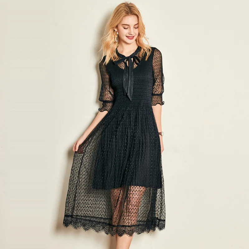 

2019 Summer New Thin Trumpet Sleeves Red Pleated Gauze Dress Double Layer Medium Long V-Neck Mid-Calf Straight Dress Women