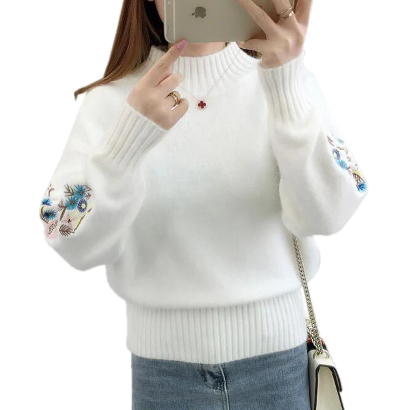 TIGENA 2019 Winter Thick Warm Beautiful Embroidery Turtleneck Sweater Women Long Sleeve Knit Pullover Sweater Female Pull Femme