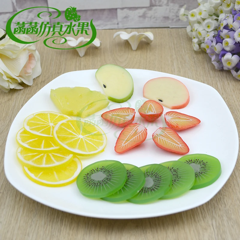 

Yellow peach kiwi fruit lemon strawberry slice fake fruit plate model cake diy accessories decoration props