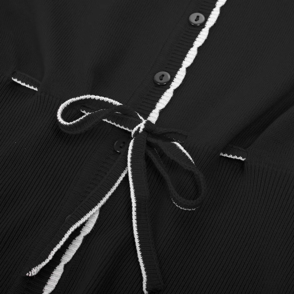 Женский вязаный свитер, винтажный 3/4 рукав, v-образный вырез, галстук на талии, кардиган вязаный, черный, элегантный, тонкий, теплый