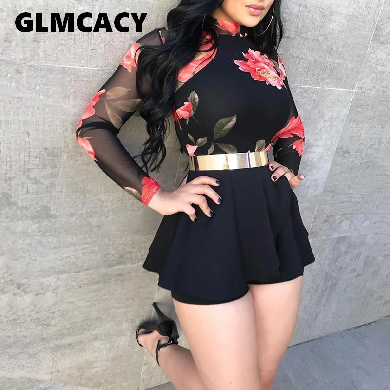 

Women Boho O Neck Open Back Mesh Rompers Party Mini Short Jumpsuit Female Floral Print Mesh Cutout Back Pleated Playsuit