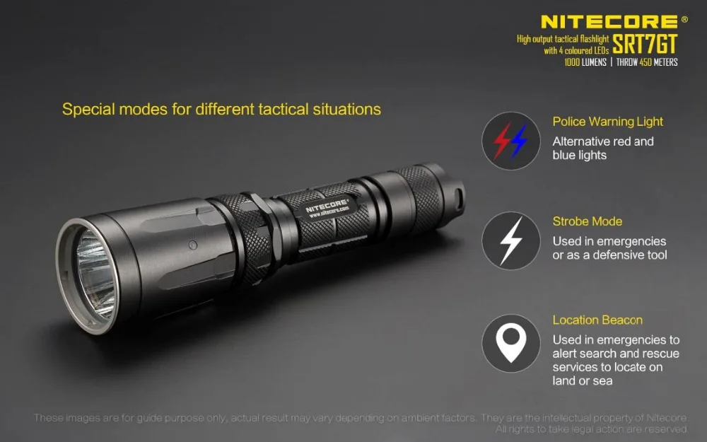 NiteCore SRT7GT Cree XP-L HI V3 Red Green Blue UV LED Flashlight Black SRT7