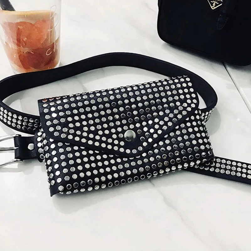 AUAU модная поясная сумка с заклепками, роскошная дизайнерская поясная сумка, Маленькая женская поясная сумка, чехол для телефона в стиле панк, поясная сумка, кошелек(черный