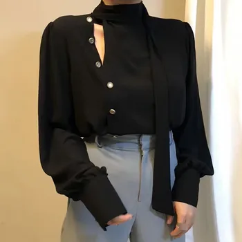 

Vintage Womens Stylish Design Black White Shirt Hollow Out Bevel Buttons Stand Collar Long Sleeve Blouse Top Free Shipping Women