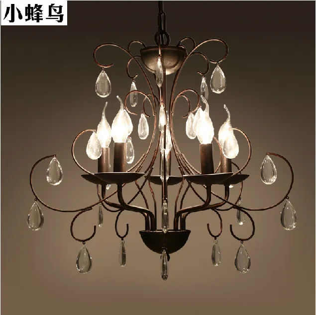 Nordic America vintage rural style retro rustic creative antique iron crystal pendant lamp with 5 candle bulbs | Лампы и освещение