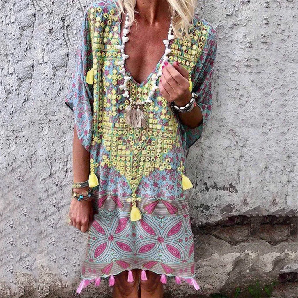 

Womail Vintage V-Neck Printed Design Polyester Material Loose Beach Casual Short Sleeve Low Cut Boho Women Dress 19MAR13