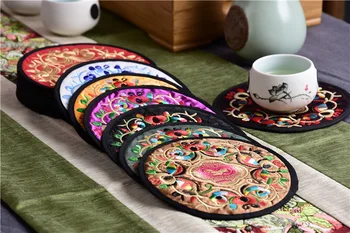 

Round Embroidered Cloth Ethnic Coaster Tribal Cup Mat Drink Holder Floral Tableware Placemat wen6310