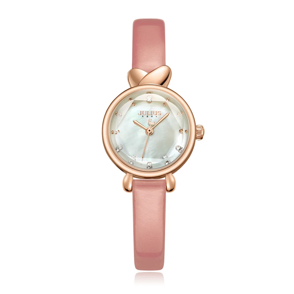 Julius часы женские круглые сверкающие корпус Циферблат Exquisive элегантный GF подарок кожаный ремешок роскошный Whatch дропшиппинг JA-1014 - Цвет: Розовый