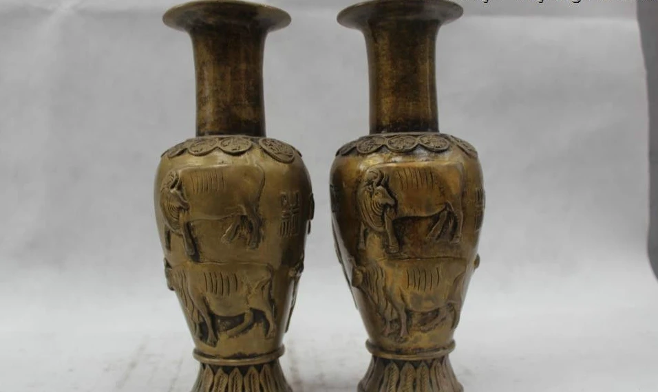 

10"Chinese Folk Pure Bronz Lucky beautiful Lifelike Money Five Ox Vase Pair