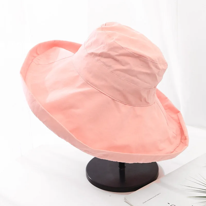Pink Хлопок сплошной цвет складной Панама для рыбака шляпа уличная дорожная шляпа шляпы от солнца для женщин 49 - Цвет: Pink