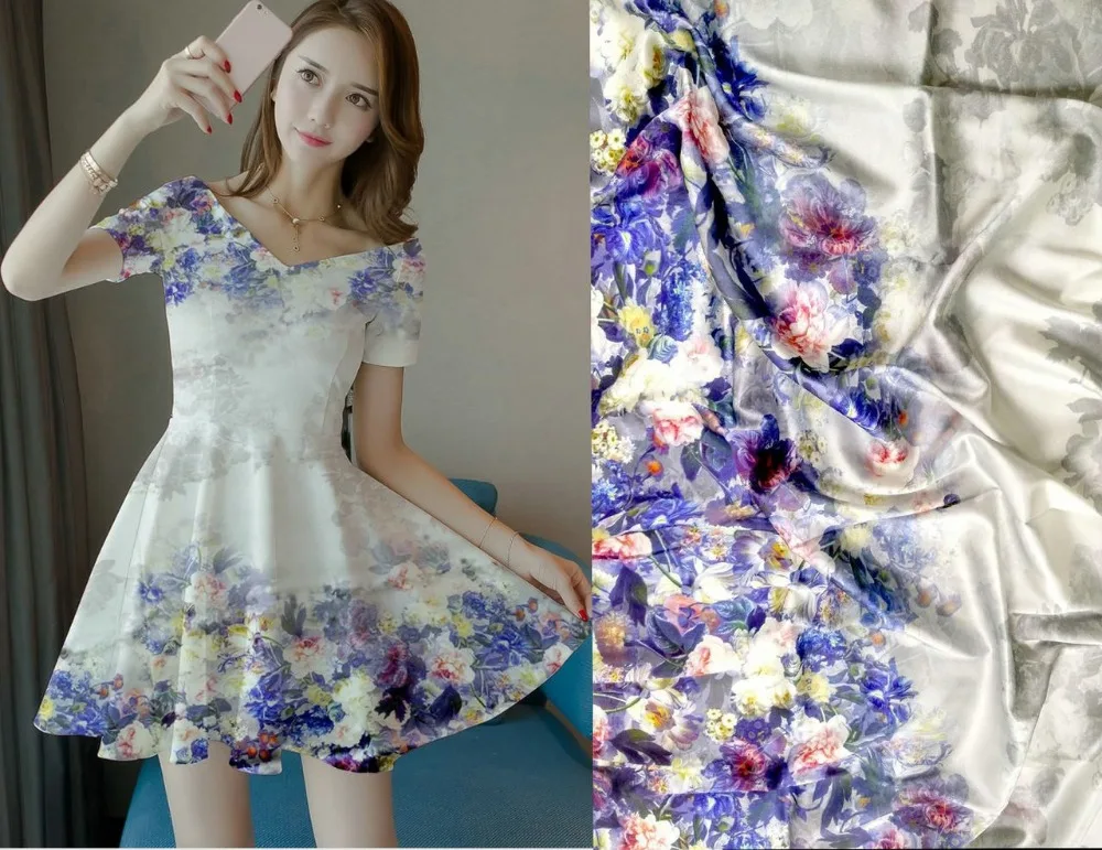 

High 19mm blue/white 97% mulberry silk fabric stretch satin tissu flowers printed summer dresss haute couture fabrics wholesale