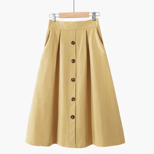 Surmiitro, однотонная, хлопковая, длинная юбка миди для женщин, весна-лето, модная, для девушек, с карманами, а-силуэт, с высокой талией, солнцезащитная, школьная юбка для женщин - Цвет: Цвет: желтый