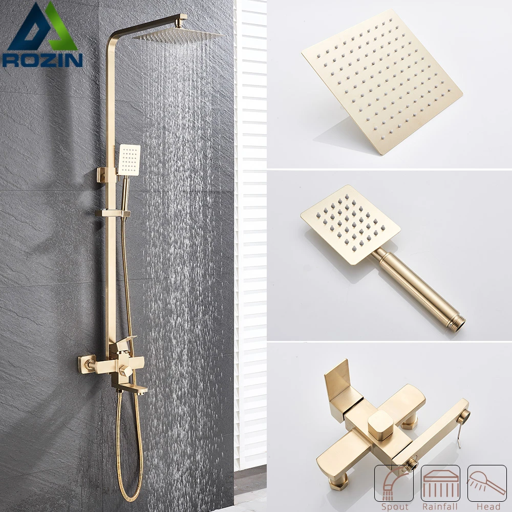 Brushed Gold Shower Faucet In Wall 8" Stainless Steel Rainfall Bath ...
