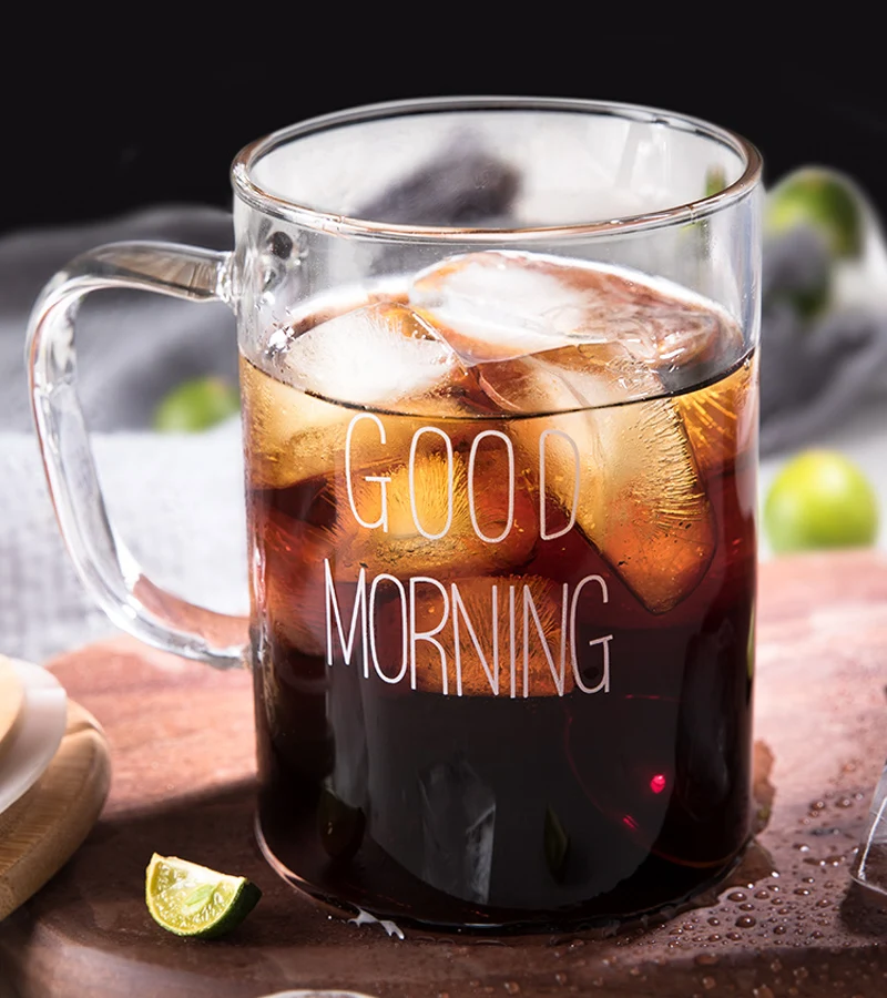Glass Cup Tea Coffee Mug Black White Good Morning Breakfast Milk Juice Cup Transparent Glass Beer Mug 400ML (7)