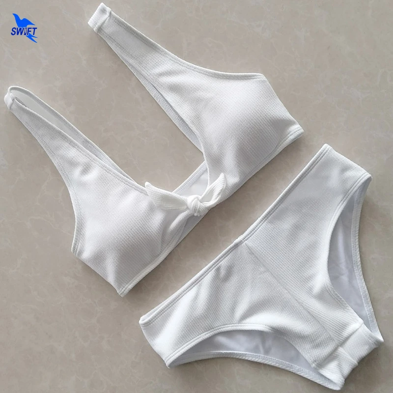

2018 Sexy Vest Women Bikinis Set Strap Halter Swimsuit High Waist Women Swimwear Front Tie Knot Biquini Solid White Bathing Suit
