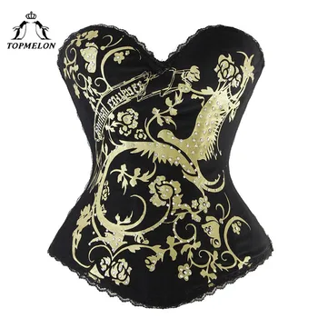 

TOPMELON Gold Women Tops Overbust Floral Printed Corset Lace Edging Strapless Corsets Slimming Boned Bustiers Bead Body Shaper