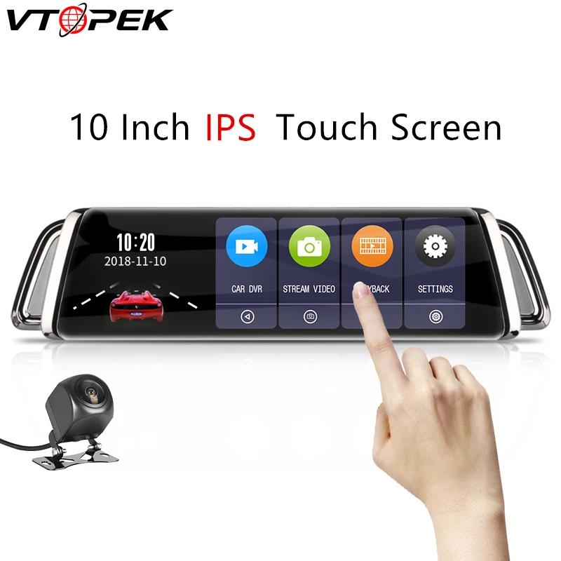 

Vtopek 10" dash cam FHD 1080P mirror camera car dvr IPS touch screen FHD lens Night Vision loop recording TF Card G-sensor