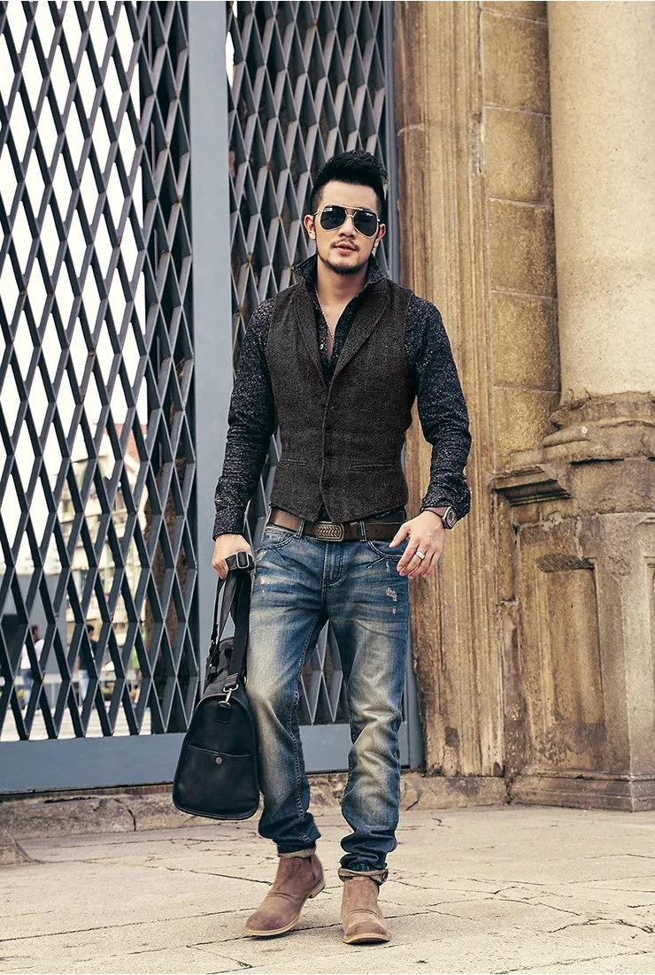 Męskie marki bez rękawów kurtka kamizelka męska garnituru moda męska brytyjski styl Slim Woolen bawełna Single breasted Vintage kamizelka -