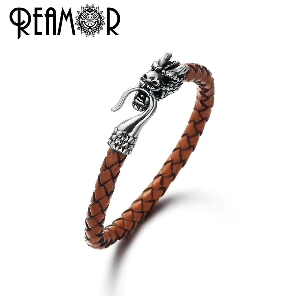 

REAMOR Vintage Dragon Head Cuff Bangles Men Fashion Genuine Leather Bracelet Stainless Steel Charm Bracelet For Men Jewelry Gift