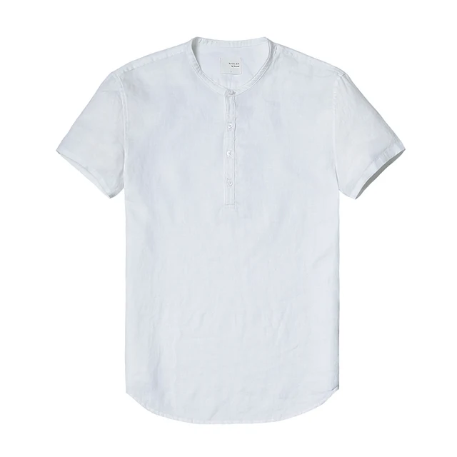 Simwood 2018 New Arrival Summer Short-sleeved Shirts Men 100% Linen White Solid Color Slim Fit Plus Size Collarless Tops CS1534