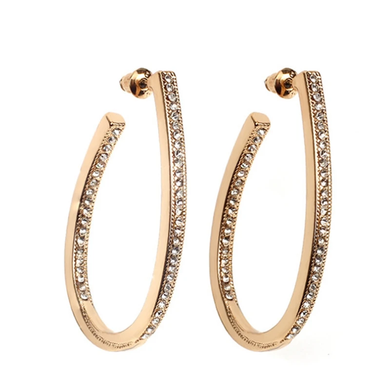 Fashion Oval Hoop Earrings For Women Rose Gold Color Rhinestones