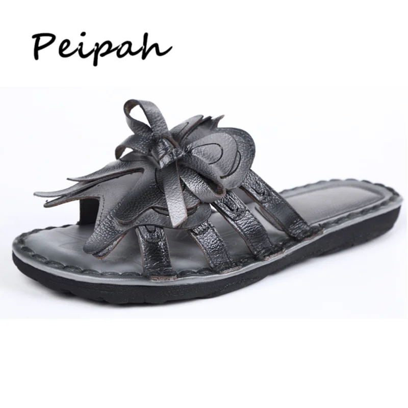 

PEIPAH Retro Flowers Women Slippers Genuine Leather Handmade Summer Ladies Slippers Flat Shoes Slip On Women Flip Flops