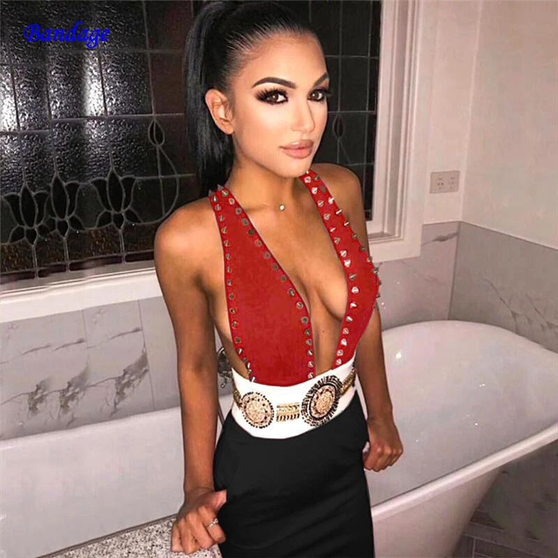 

2019 New Fashion Sexy V Neck Plunge Bodycon Women Bandage Dress Beading Evening Party Dresses Vestidos Rivet Female Black Red