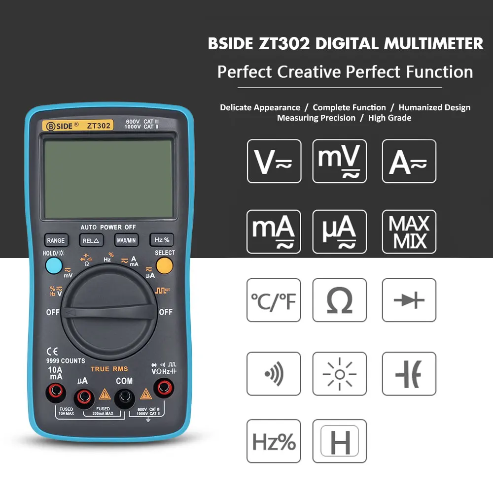 BSIDE ZT302 Портативный Ручной цифровой мультиметр 9999 отсчетов светодиодный Большой ЖК-дисплей с подсветкой электрический тестовый диагностический аппарат