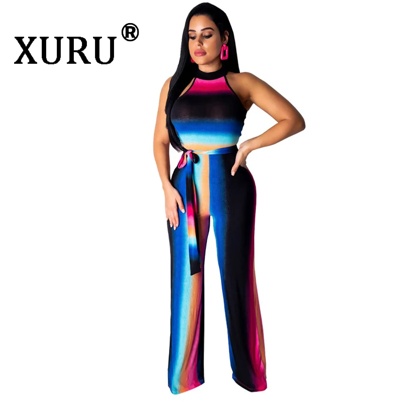 

XURU summer hot women's sexy print jumpsuit fashion casual sleeveless wide leg jumpsuit with belt