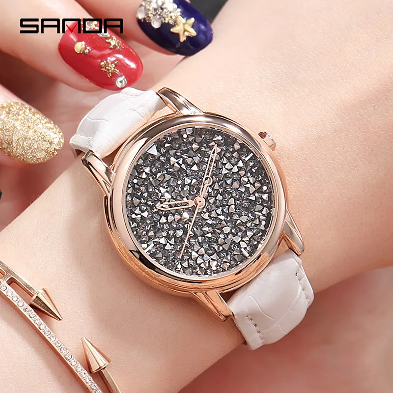 

Studded With Black Diamond Reloj Mujer Women Watches Leather Band Alloy Case Fashion Ladies Watch Quartz Female Watch Waterproof