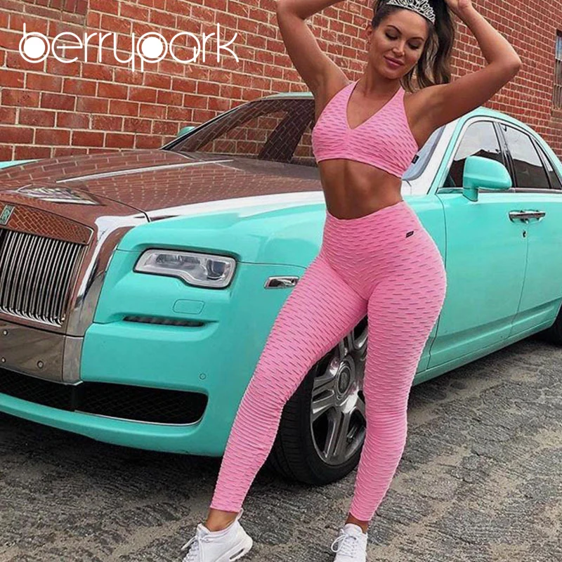 

BerryPark 2019 New Arrival Ruched Draped Pleated Bra and Pants Yoga Sets Women Gym Clothes Fitness Suit Sport Wear Drop Shipping