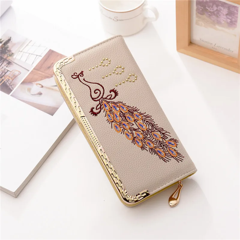 Women's wallet PU peacock-clutch Embroidery long wallet Clutch female with mobile pocket Card holder luxury wallets for women Women's wallet PU peacock-clutch Embroidery long wallet Clutch female with mobile pocket Card holder luxury wallets for women