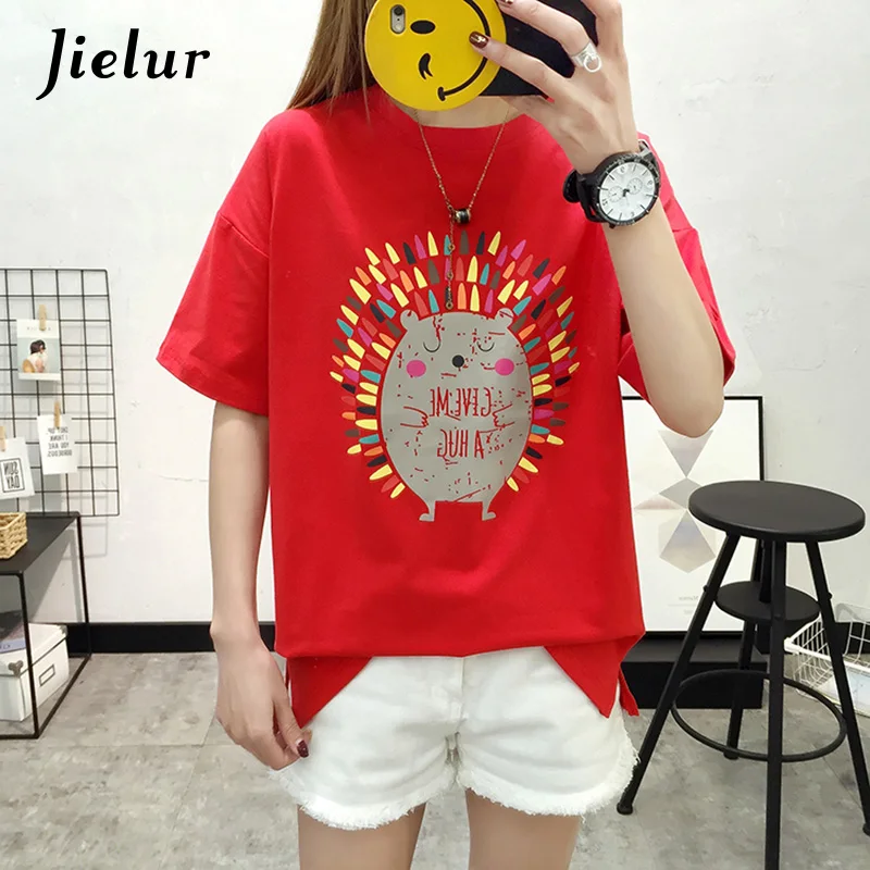 Jielur 5 цветов мультфильм Ежик печатных футболки для женщин Корейский шик короткий