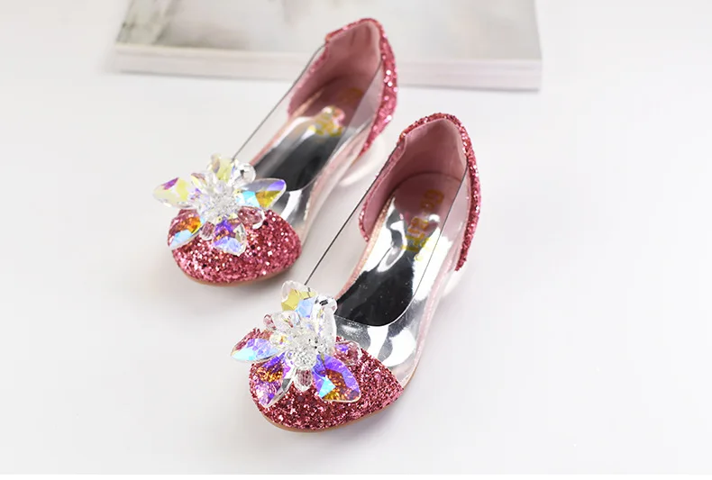 Детская обувь Золушки на высоком каблуке с украшением в виде кристаллов; прозрачная Праздничная обувь принцессы с блестками для девочек; детское платье со стразами для девочек; TX466