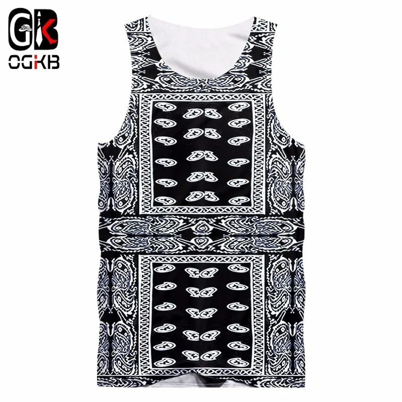 OGKB Summer Fashion Black Bandana 3d Tank Top Mens Cool Print Cashew Flower Vest Man Singlets Sleeveless Undershirt Paisley Tops | Мужская