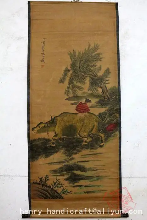 

Antique QingDynasty Hand-painted Chinese calligraphy painting--Shepherd ,decoration murals, crafts /collection & adornment