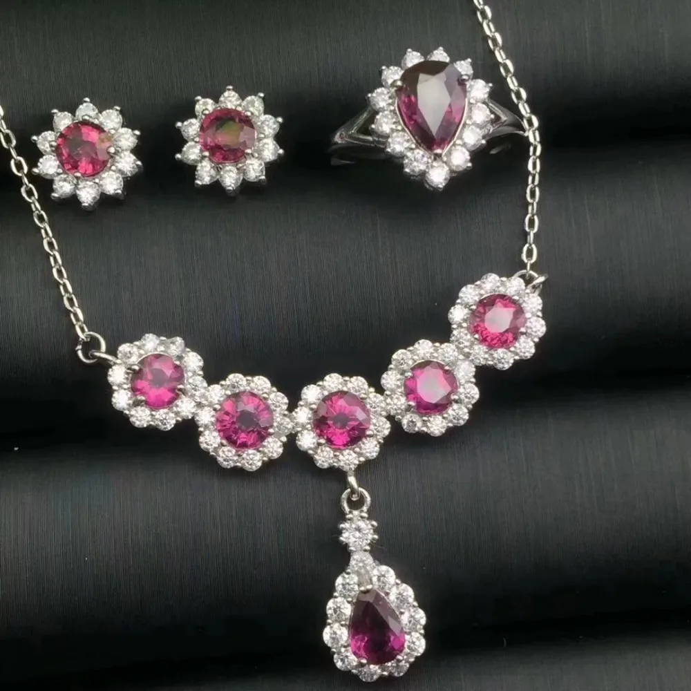 Верность природный гранат S925 серебро Fine Jewelry Набор для женщин Свадебные натуральный фиолетовый камень серьги кольца кулон