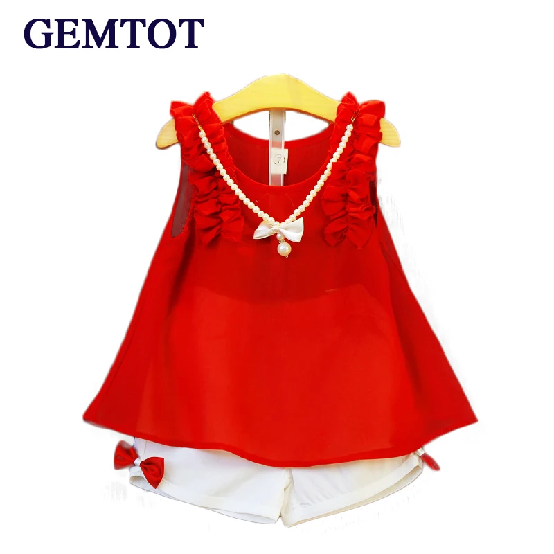 

Girls Clothing Sets 2017 New Summer Girls Clothes Sleeveless Chiffon Necklace Tops + Shorts Suits Kids Clothes