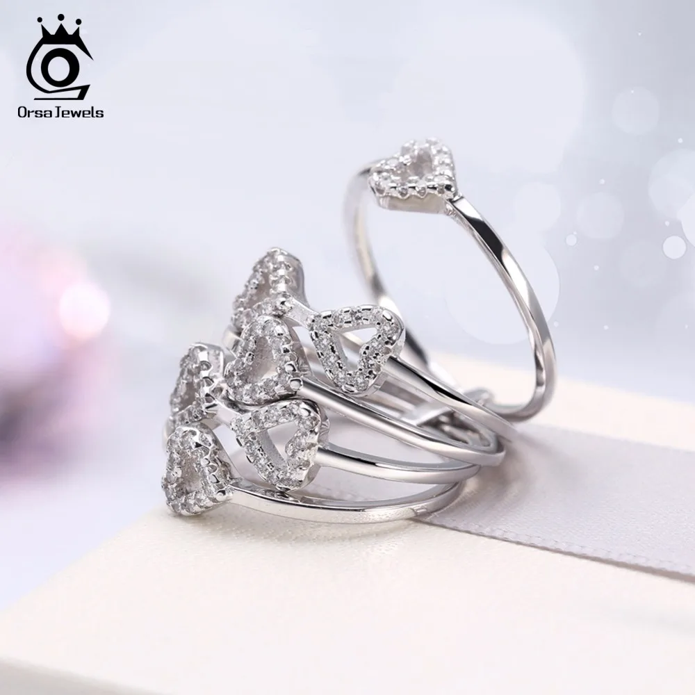 ORSA JEWELS Adjustable Rings For Women Heart Shape AAA Cubic Zircon Silver Color Fashion Ring For Female Jewelry Girl Gift AOR87