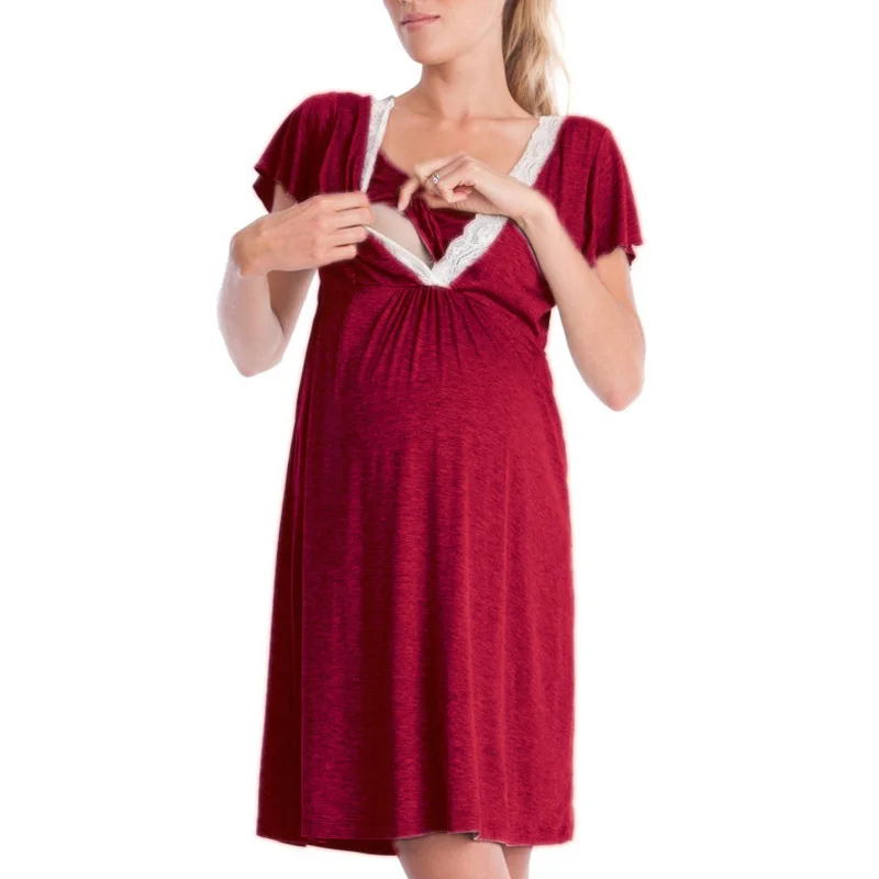 Модное кружевное Многофункциональное платье для грудного вскармливания для беременных; Пижама с короткими рукавами для беременных женщин; одежда для сна для кормящих - Цвет: red