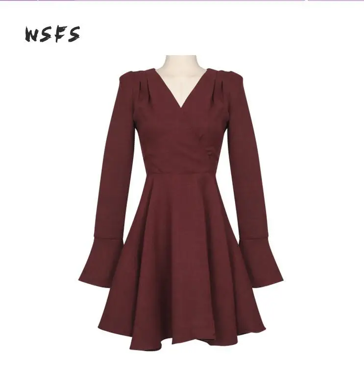 Женское платье с V образным вырезом длинным Расклешенным рукавом|sexy party|dress womenred