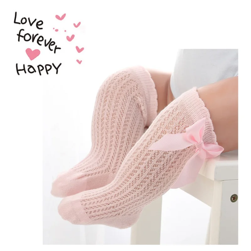 Носки для маленьких девочек хлопковые носки в сеточку для новорожденных на лето и весну детские гольфы с бантом домашние тапочки