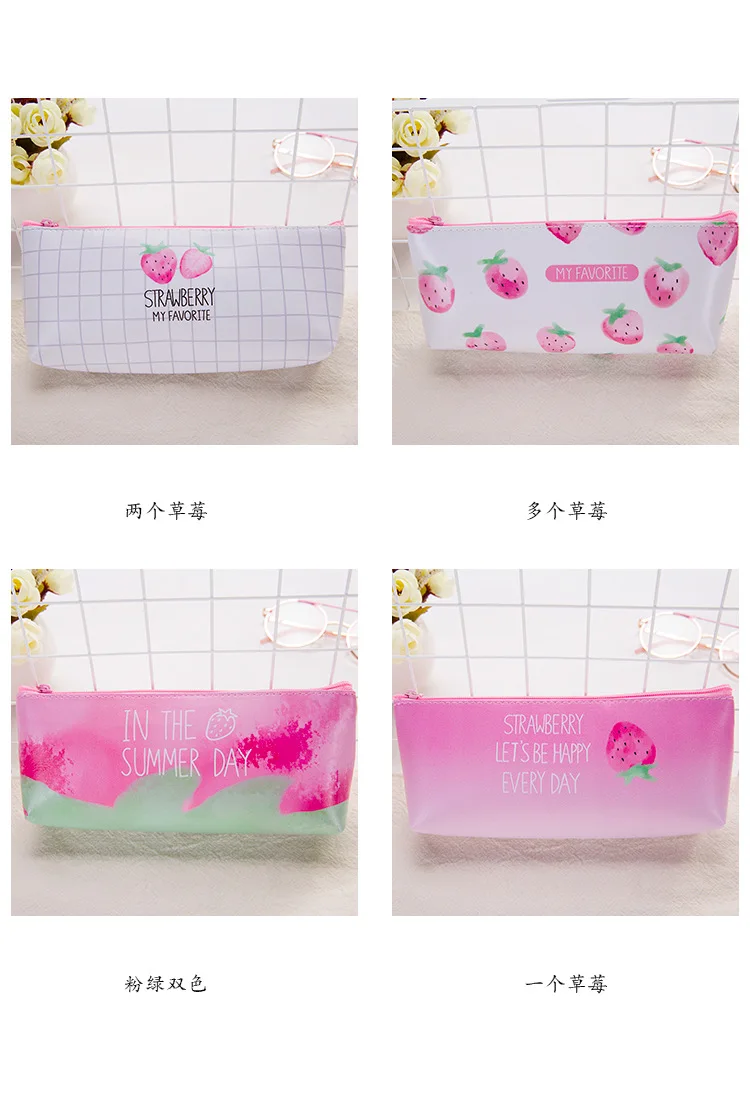 Presente de Couro Caixa de Lápis de Kawaii Morango dos Desenhos Caixa de Lápis Bolsa do Lápis Escola Estuches Animados Pencilcase Material Escolar 20 Pcs 8 Desenhos Animados Caixa de Lápis Saco do