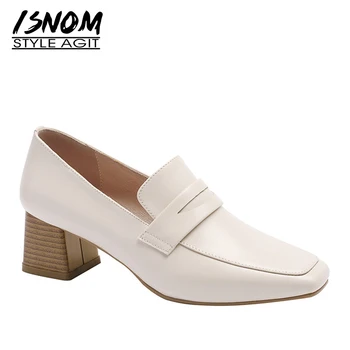 

ISNOM Wood High Heels Pumps Women Square Toe Footwear Cow Leather Shoes Female Fashion Slip On Shoes Woman Spring 2019 New