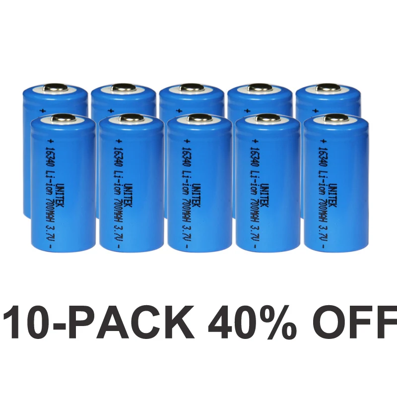 40OFF 10pcs UNITEK 3.7v 16340 rechargeable battery 700mah CR123A CR 123A li ion lithium ion